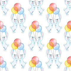 Photo sur Plexiglas Animaux avec ballon Modèle sans couture avec des lapins blancs de dessin animé et des ballons. Fond aquarelle