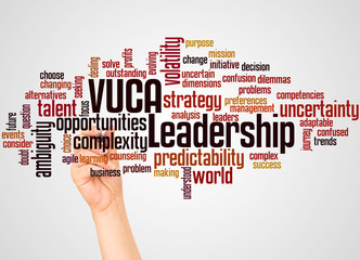 VUCA leadership word cloud and hand with marker concept