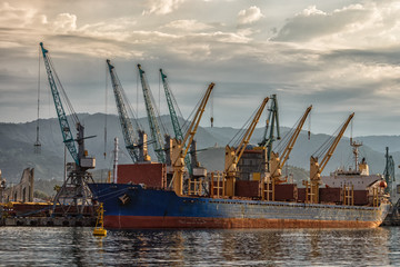 Fototapeta na wymiar Cargo ships in the port. Georgia, Batumi, Batumi cargo port on July 22, 2018.