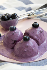 Blueberry ice cream balls with icecream scoop on a pink plate. side view. Closeup.