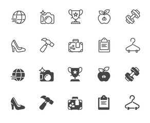 Set of icons in linear and glyph designs. Healthy lifestyle, sports, tourism, business theme. Outline and black flat labels for infographics, buttons, interfaces. Vector illustration isolated