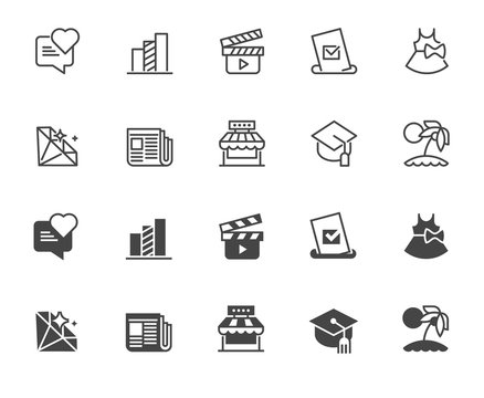 Set of icons in line and glyph designs. Movies, education, games, press, economy charts, business theme. Outline and black flat labels for infographics, buttons, interfaces. Vector isolated