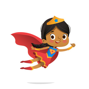 Flying African-American Girl wearing colorful costumes of superheroe, isolated on white background. Cartoon vector characters of Kid Superheroes, for party, invitations, web, mascot