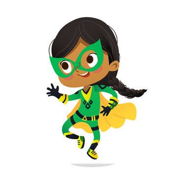 Dancing African-American Girl wearing colorful costume of superheroe, isolated on white background. Cartoon vector characters of Kid Superheroes, for party, invitations, web, mascot