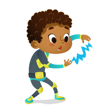 Surprised African-American Boy Wearing Colorful Costume Of Superhero Playing With Lightning, Isolated On White Background. Cartoon Vector Characters Of Kid Superheroes, Party, Invitations, Web, Mascot