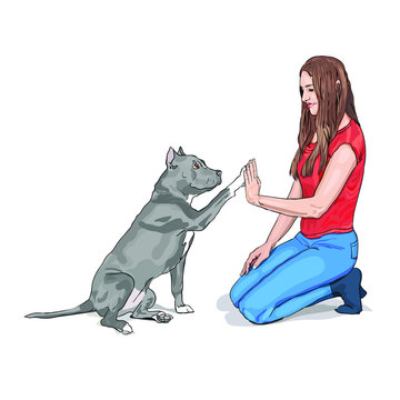 Dog And Girl Are Giving A High Five Isolated On White Background. Dog Raised A Paw Like Give Me Five Gesture. Vector Illustration.