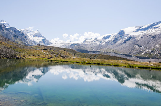 Zermatt, Stellisee, Bergsee, Spiegelung, Alpen, Adlerhorn, Findelgletscher, Stahlhorn, Stockhorn, Wanderweg, Fluhalp, Wallis, Sommer, Schweiz