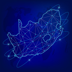 Global logistics network concept. Communications network map of the South Africa on the world background. Map of South Africa with nodes in polygonal style. Vector illustration EPS10. 