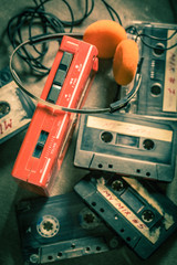 Classic cassette tape with walkman and headphones