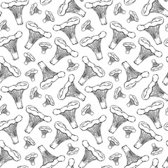 Seamless Endless Chanterelle Mushrooms Pattern. Autumn or Fall Harvest Collection. Realistic Hand Drawn High Quality Vector Illustration. Doodle Style.