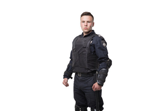 Armed police officer isolated on white background