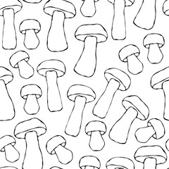 Seamless Endless Red or Orange Aspen Mushrooms Pattern. Autumn or Fall Harvest Collection. Realistic Hand Drawn High Quality Vector Illustration. Doodle Style.