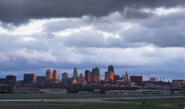 A storm brews over Kansas City downtown and the municipal airport