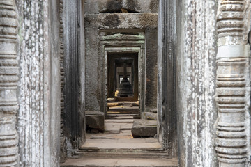 Fototapeta na wymiar Ancient hindu temple interior decor, Angkor Wat, Cambodia. Preah Khan temple interior decor. Khmer heritage architecture