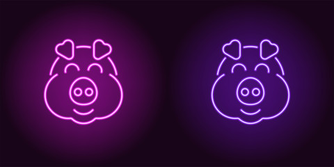 Neon piglet face in purple and violet color
