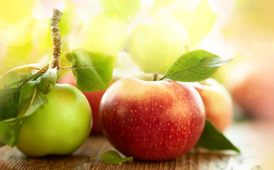 Fresh apples with leaves