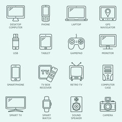 Electronic devices outline icons. Modern technology devices set