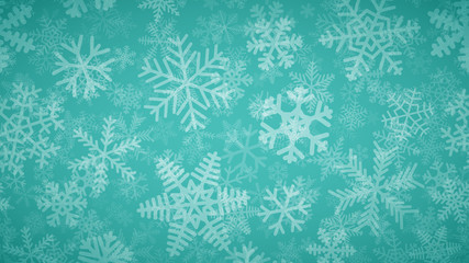 Christmas background of many layers of snowflakes of different shapes, sizes and transparency. White on turquoise.