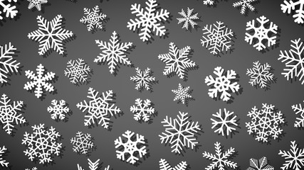 Christmas background of snowflakes of different shapes and sizes with shadows. White on dark gray.