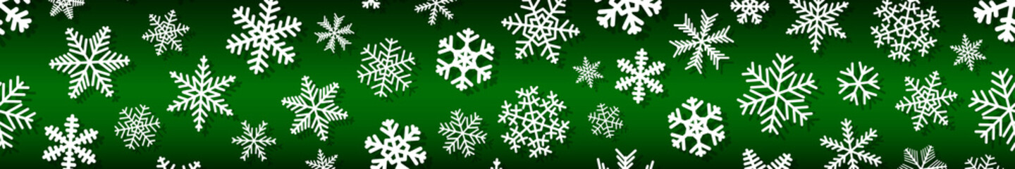 Christmas horizontal seamless banner of snowflakes of different shapes and sizes with shadows. White on green.