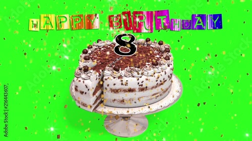 Eight Years Cake Happy Birthday Green Screen 3d Rendering Animation