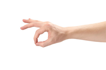 Male hand holding something, isolated on white background