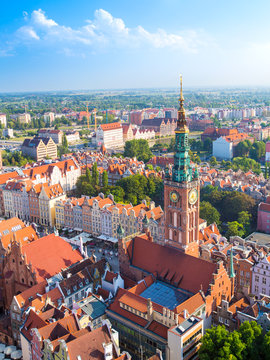 Old Town in Gdansk, aerial view from cathedral tower, Poland