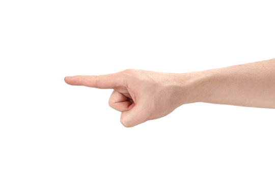 Male hand pointing at something, isolated on white background