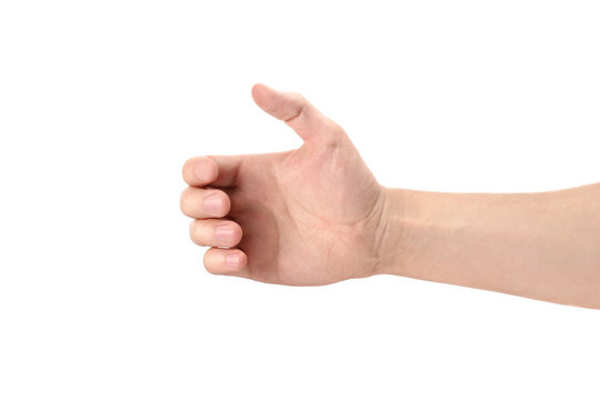 Male hand holding something, isolated on white background