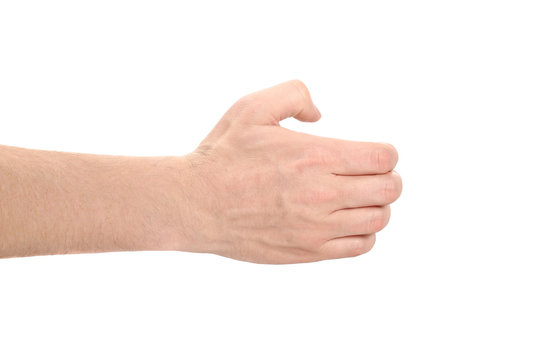Male hand holding something, isolated on white background