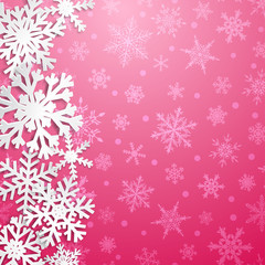 Naklejka na ściany i meble Christmas illustration with big white snowflakes with shadows on pink background