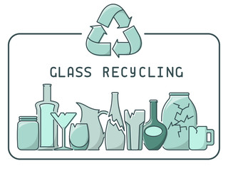 Glass recycling illustration with trash and lettering. Linear style vector illustration. EPS10