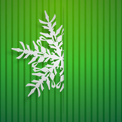 Fototapeta na wymiar Christmas illustration with one white big snowflake which protrudes from the cut on a striped background in green colors