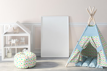 Game wigwam and frame in kids room 3d rendering