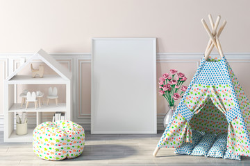 Game wigwam and frame in kids room 3d rendering