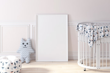 Mockup frame in kids bedroom, oval crib 3d rendering