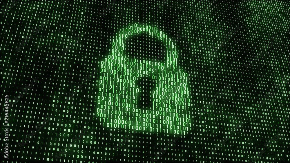 Leinwandbilder Cyber security concept. Abstract digital background. Binary code. Green color. 3D rendering.
