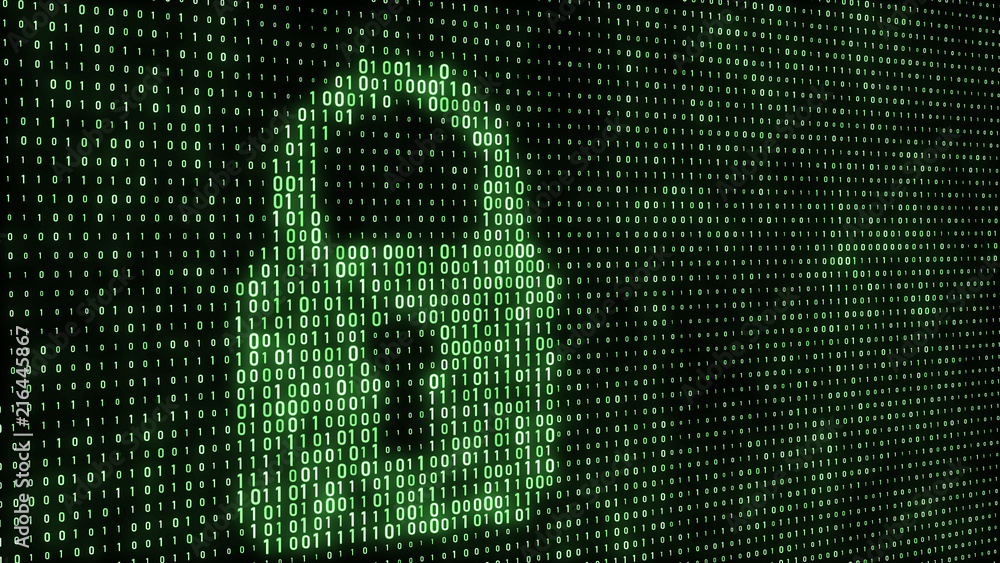 Poster Cyber security concept. Abstract digital background. Binary code. Green color. 3D rendering.