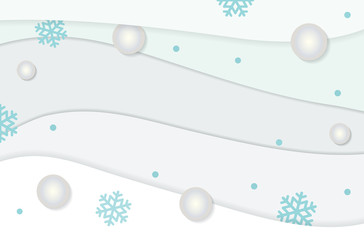 Christmas and happy new year winter background. Paper cutout layers, decorated with snowflakes and balls.