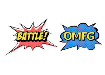 Bright vector OMFG and Battle speech bubbles. Colorful emotional icons isolated on white background. Comic and cartoon style.