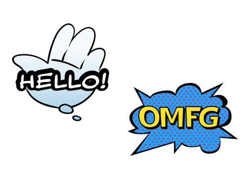 Bright vector OMFG and Hello speech bubbles. Colorful emotional icons isolated on white background. Comic and cartoon style.