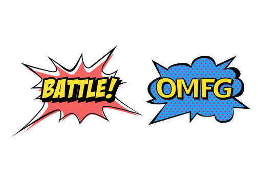 Bright vector OMFG and Battle speech bubbles. Colorful emotional icons isolated on white background. Comic and cartoon style.