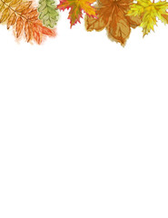 Autumnal Watercolor Template with Colorful Leaves on Top. Great for Greeting and Posstcards, Poster, Announcement, Advertisement, Flyer, and other Printable Decoration.