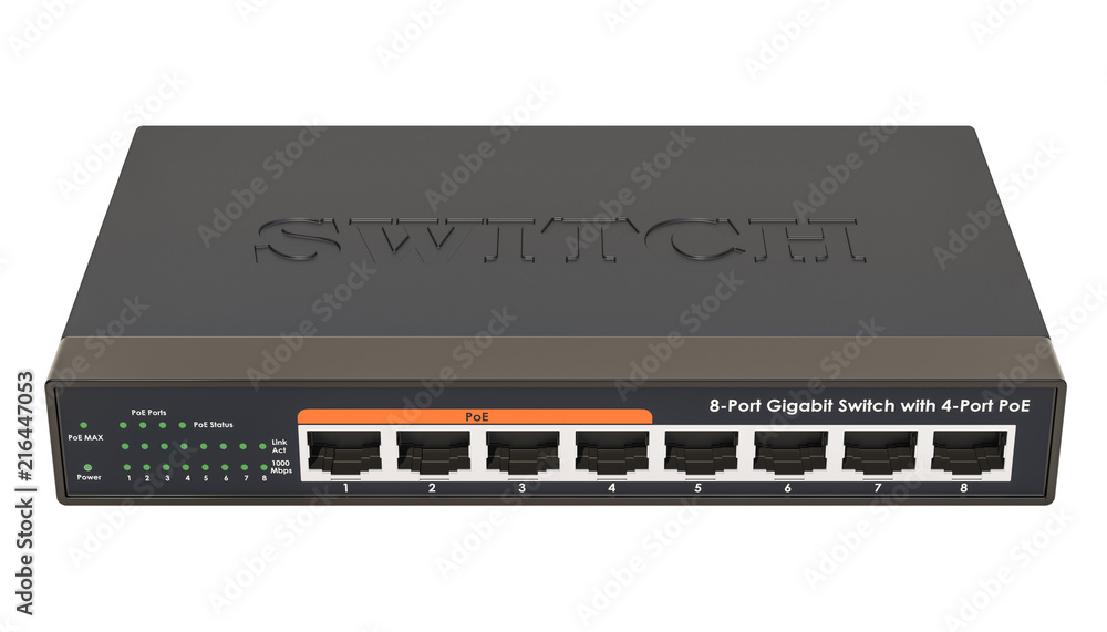 Poster 8 port gigabit ethernet switch. 3d rendering