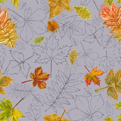 Fototapeta na wymiar Autumn Leaves Seamless Pattern in Watercolor and Line on Lilac Background. Artistic Seamless Botanical Pattern for Print, Background, Wrapping Paper, Wallpaper, and Interior and Fashion Design.