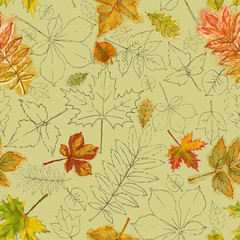 Autumn Leaves Seamless Pattern in Watercolor and Line on Yellow Background. Artistic Seamless Botanical Pattern for Print, Background, Wrapping Paper, Wallpaper, and Interior and Fashion Design.
