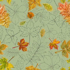 Autumn Leaves Seamless Pattern in Watercolor and Line on Green Background. Artistic Seamless Botanical Pattern for Print, Background, Wrapping Paper, Wallpaper, and Interior and Fashion Design.