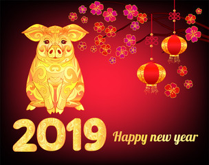 Fototapeta na wymiar Happy Chinese New Year 2019, zodiac sign Pig.
