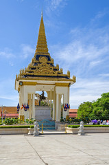 Statue of King Norodom sits on a white horse  inside the Royal Palace in Phnom Penh, Cambodia.