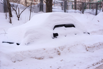 Car Covered In Fresh White Snow, Cars covered in snow after a blizzard